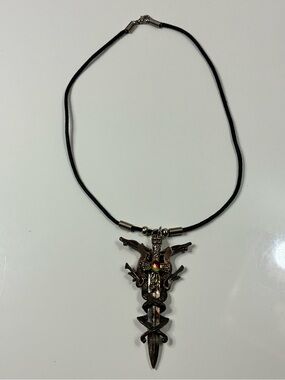 Black Cord Necklace with Metallic Sword & Two Headed Dragon Pendant GOT Unisex